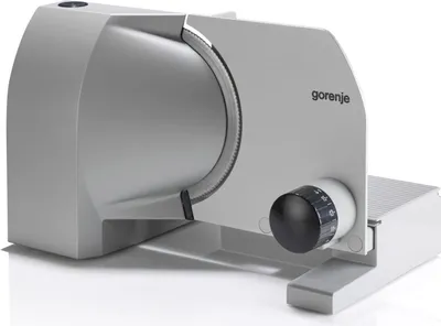 A silver electric slicer with a black dial is shown against a white background.