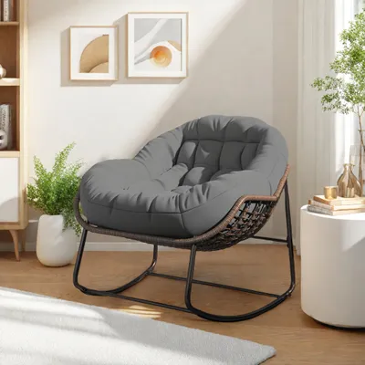 Immagine prodotto di Sedia da esterno grigia - Sedia a uovo in vimini oversize con cuscino spesso, per interni ed esterni