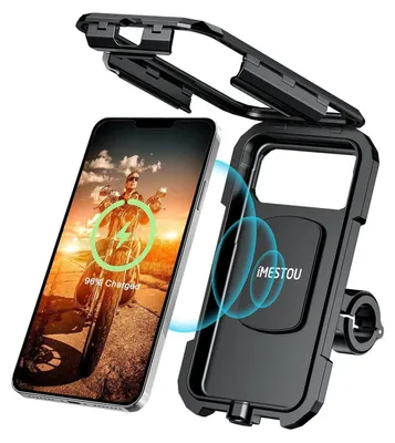 Zdjęcie produktu dla Uchwyt na telefon do motocykla, wodoodporny, z bezprzewodowym ładowaniem USB-C (15W), kompatybilny z telefonami o ekranie 5,5"-6,8", zasilanie 12/24V