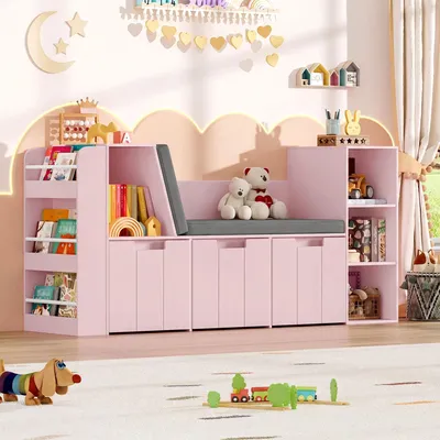 Produktbild von Kinderregal - 156 cm Bücherregal mit Sitzbank - Holz - Spielzeugaufbewahrung mit Boxen auf Rollen - Für Kinderzimmer - Rosa