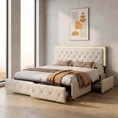 Obrázek produktu pro Postel INONEFT, čalouněná, rozměr 160x200 cm, s 4 zásuvkami, dětská/mládežnická postel, dvoulůžko s LED osvětlením, úložný prostor, masivní dřevo, rošt, materiál: PU, barva: béžová