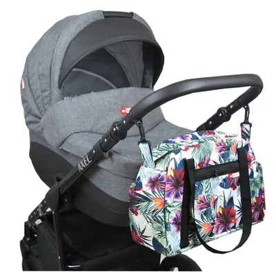 Produktbild von BabyLux Wickeltasche COLORFUL Kinderwagen Buggy Große Handtasche Babytasche 80. Grau + Hibiskus