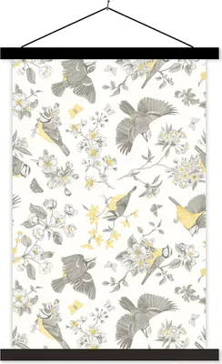 Produktbild von MuchoWow® Textilposter Blumen - Vogel - Muster 60x90 cm mit schwarzem Rahmen - Poster Wohnzimmer