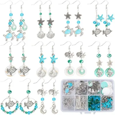 Immagine prodotto di Kit per creare orecchini fai-da-te, 10 paia, con motivi estivi a tema marino, in stile argento anticato, con elementi come tartarughe, cavallucci marini, conchiglie e perline