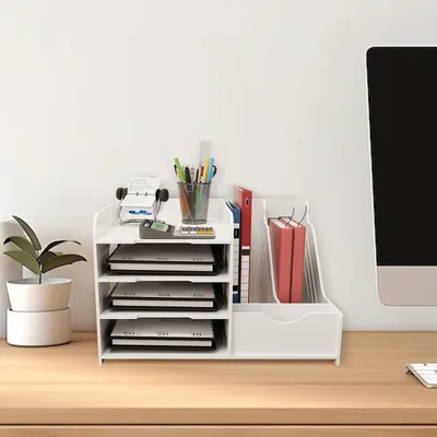 Produktbild von 4 Tier Schreibtisch-Organizer,Briefablage Stapelbar Dokumentenablage A4 Papier Briefablage Organizer für Home Office Schule Desktop 40x31x25cm