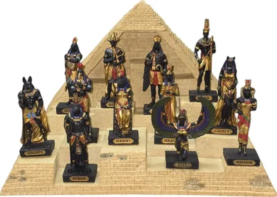 Produktbild von 12 mehrfarbige ägyptische Götter Miniaturen mit Display Pyramide