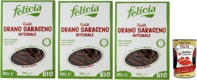 Produktbild von Felicia Fusilli di Grano Saraceno Integrale,Pasta mit 100% Buchweizen, Natürlich Glutenfrei,Packung mit 3x 340g + Italian Gourmet Polpa di Pomodoro 400g Dose