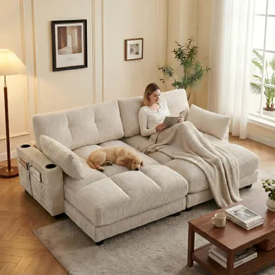 Immagine prodotto di Divano letto LVHOM con USB e portabicchieri, divano a 2 posti, reclinabile con tasche laterali, poltrona lounge da pavimento, schienale regolabile, beige