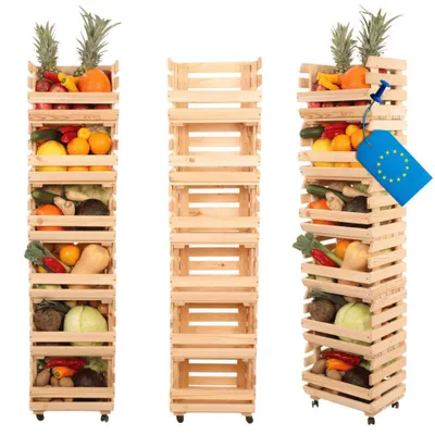 Produktbild von MODO24 Gemüseregal Holz, 6 Holzkisten, Kartoffelsteige, Obstregal, Rollenregal, Stapelbar, Vorratsregal, Massivholz Kiefer, 157x37x30 cm, Natur, RAWA