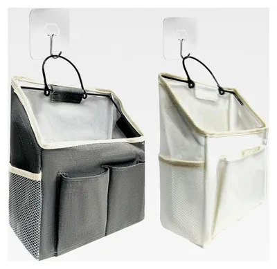 Produktbild von 2 hängende Aufbewahrungstaschen mit 2 Haken, Badezimmer-Organizer, Wand-Organizer für die Kleideraufbewahrung (cremefarben, grau)