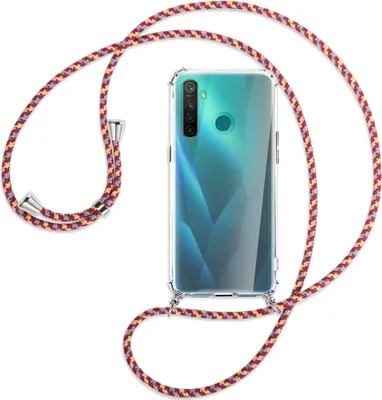 Produktbild von Handykette Backcover-Schutzhülle mit Band (Metall silberfarben) für Realme 5 Pro - weinrot/gelb/grau