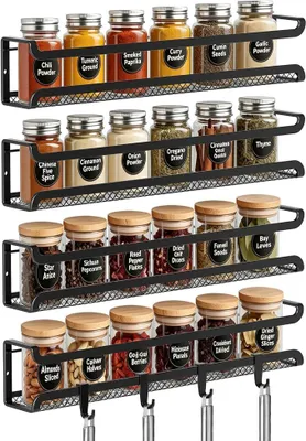 Produktbild von PolkaHome® 4er-Set Gewürzregal Wandmontage, Metall-Kräuterregal für Schrank, Küche, Gewürzorganizer, Schwarz, 29,3 x 7 x 7 cm