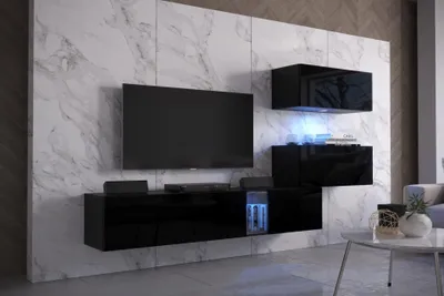 Produktbild von Furnitech Wohnwand Wohnzimmer - Hängend Wohnwand Modern - Regale und TV Schrank - Wohnzimmer Möbel ohne LED (EX129-21B-HG1)