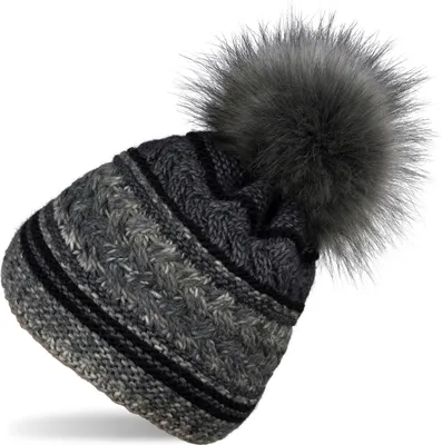 Produktbild von styleBREAKER Damen Strick Bommelmütze mit buntem Mustermix und Fleece Futter, Winter Fellbommel Mütze, Strickmütze 04024202