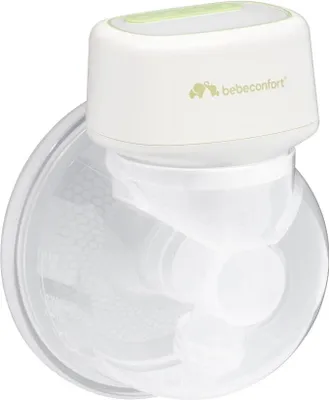 A close-up studio shot of a white electric breast pump with a green control panel.