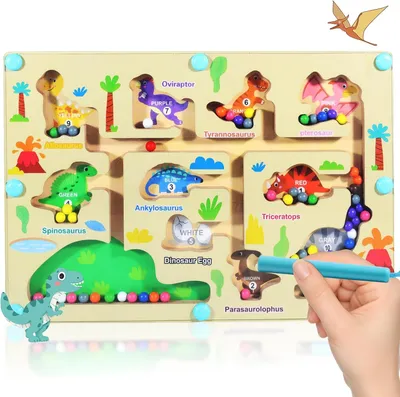 Produktbild von Magnetspiel Labyrinth Spielzeug Busy Board, Dinosaurier Magnetisches Perlenlabyrinth aus Wachsholz – Lernspielzeug für Kinder ab 3 Jahren