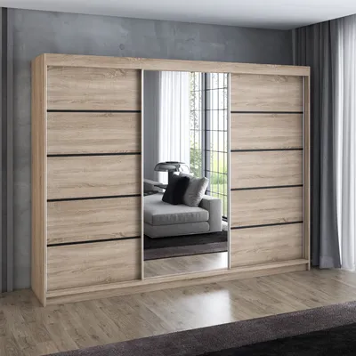 A modern sliding door wardrobe with a mirrored center panel, set against a gray wall and wooden floor.