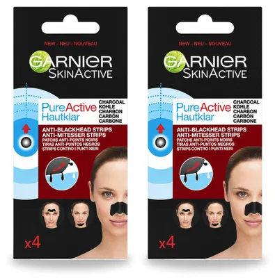 Produktbild von 2 x Garnier Pure Active Anti-Mitesser-Strips - Aktivkohle - Nase, Stirn & Kinn - Vorteilspackung - 2 Stücke