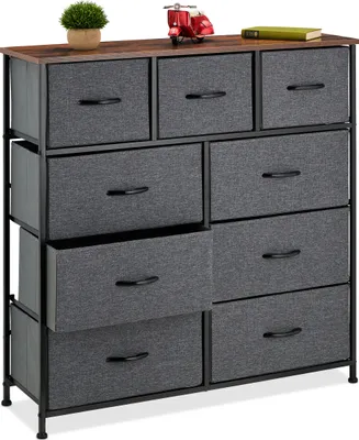 Immagine prodotto di Comodino Relaxdays, L x P x A 100x100x30 cm, metallo, effetto legno, 9 cassetti in tessuto, ripiano, comodino moderno, multicolore