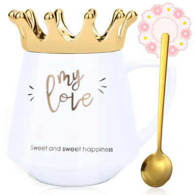 Keramik-Kaffeetasse 350 ml mit Deckel, Krone, Löffel & Untersetzer