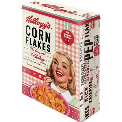 A vintage-style tin of Kellogg's Corn Flakes.