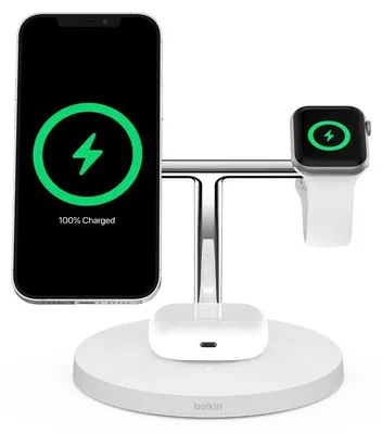 Produktbild von Belkin WIZ009vfWH-APL BoostCharge Pro 3in1 Wireless Charger weiß Ladegerät