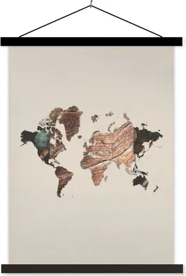Produktbild von MuchoWow® Textilposter Weltkarte - Holz - Braun 60x80 cm mit schwarzem Rahmen - Plakathalter