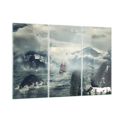 Produktbild von Bilder auf glas - 3 Teile - Sturm Berge Segelschiff - 165x110cm - Glasbilder - Wandbilder - Bilder - zum Aufhängen bereit - Wanddekoration aus Glas - Glas Bilder - Wandbild auf Glas - GCE165x110-4208