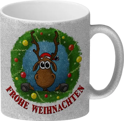 Produktbild von Frohe Weihnachten Glitzer-Glitzer-Kaffeebecher mit Rentier Motiv