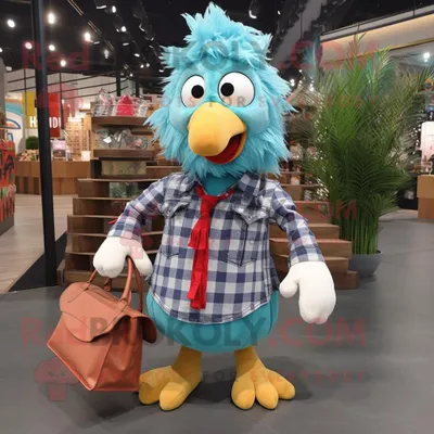 Produktbild von Cyan-Hühner-Parmesan REDBROKOLY Maskottchen Kostüm charakter gekleidet mit einem Flanellhemd und Handtaschen