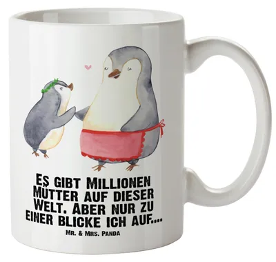 Produktbild von Mr. & Mrs. Panda steingut tasse Pinguin mit Kind - Weiß - Geschenk, Vorbild Mama, Mom, Teepott, Kaffeepott, Bruder, Große Keramiktasse, Teebecher, Pott, Muttertag, Mutter