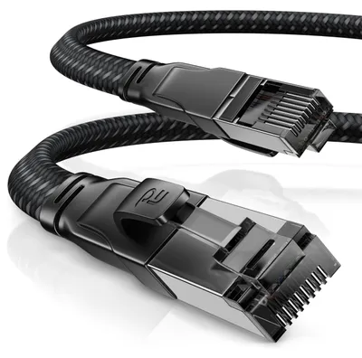 Zdjęcie produktu dla Kabel sieciowy CSL, 15 metrów, CAT8.1, płaski, 40 Gbit/s - osłona z bawełny - kabel LAN, patchcord