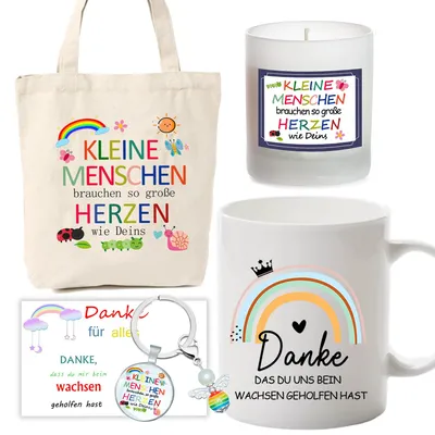 Kaffeetasse mit Dankeskarte und Schlüsselanhänger für Erzieher
