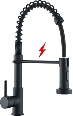 Obrázek produktu pro Kuchyňská baterie s otočným ramenem o 360°, 3 tryskami, kohoutkem na studenou a teplou vodu, černá barva, výsuvná pro sprchování.