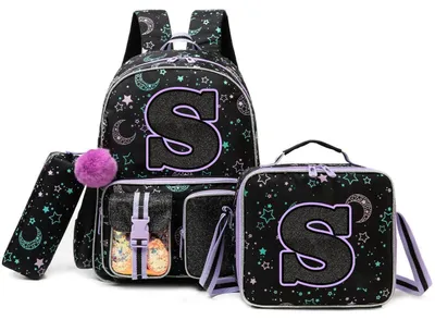 Image de Sac à dos pour fille, ensemble 3-en-1 avec sac à lunch et trousse, lettre "S", ergonomique, pour l'école primaire, couleur noire