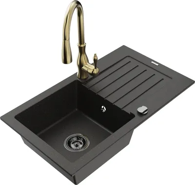 Produktbild von Mexen Pablo 1 Becken-Granitspüle mit Abtropffläche und Mischbatterie Savita, Schwarz/Gold metallisch - 6510-75-672601-50-B