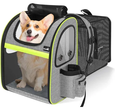Immagine prodotto di Zaino da trasporto per animali domestici, espandibile, taglia XL, grigio, adatto per animali da 6 a 10 kg, con finestra trasparente