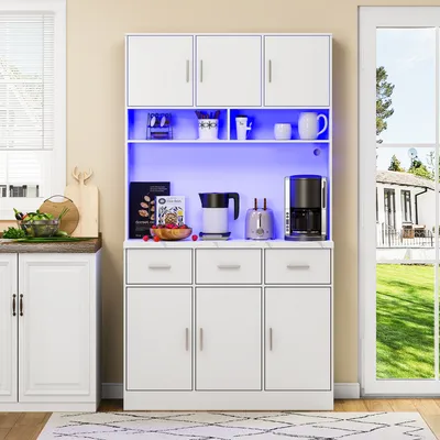 Produktbild von Flieks Küche Hochschrank Küchenbuffet mit Ladefunktion (Steckdosen&USB), Küchenschrank Buffetschrank Buffetständer mit Led, Küchenbuffet Schrank Weiß