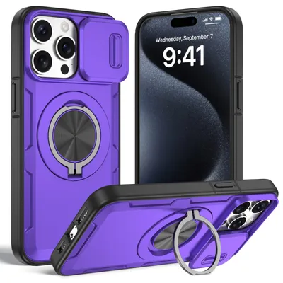 Produktbild von Magnetische Hülle für iPhone 15 Pro, Militär Stoßfest Handyhülle mit Kameraschutz und Ringhalter Ständer Lila