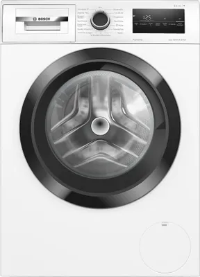 A front view of a white Bosch washing machine.