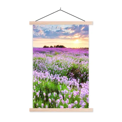 Produktbild von MuchoWow® Textilposter Blumen - Lavendel - Lila - Himmel - Sonnenuntergang - Wiese - Natur 60x90 cm mit holzfarbenen Rahmen - Textil