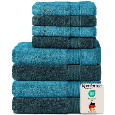 Produktbild von Komfortec 8er Handtuch Set aus 100% Baumwolle, 4 Badetücher 70x140 und 4 Handtücher 50x100 cm, Frottee , Weich,Groß, Türkis/Petrol