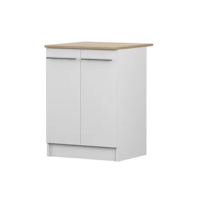 Obrázek produktu pro Spodní skříňka INEZ IV, kuchyň, dvoudveřová kuchyňská skříňka 60 cm, bílá/kamenný dub, se dvěma otočnými dvířky a stříbrnými kovovými úchytkami