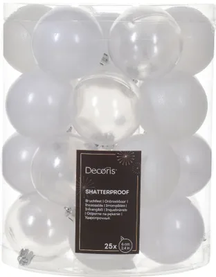 Produktbild von Weihnachtskugeln Kunststoff 6cm 25 Stück - Winterweiß - transparent