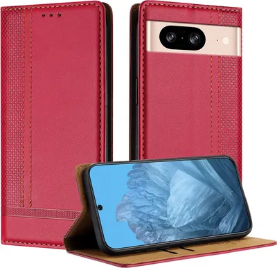 Obrázek produktu pro Pouzdro pro Google Pixel 8 kožené flipové pouzdro s funkcí stojánku červené