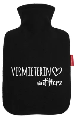 Produktbild von Huuraa Wärmflasche Vermieterin mit Herz 1,8 Liter Black Classic Veloursbezug Bettflasche Geschenkidee