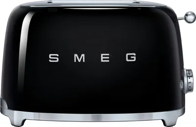 A black SMEG toaster is shown from the front on a white background.