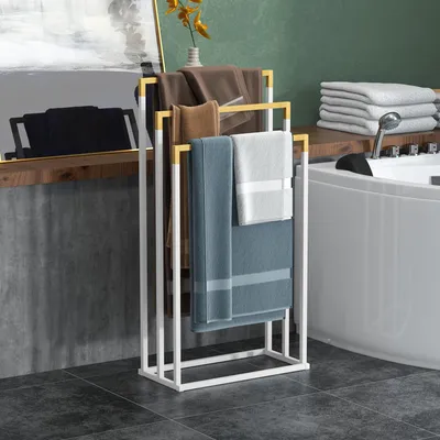 Zdjęcie produktu dla Stojący wieszak na ręczniki, 3 półki, bambusowe pręty, styl industrialny, biały + naturalny | 45 x 22,5 x 86 cm | 2,5 kg | bez konieczności wiercenia