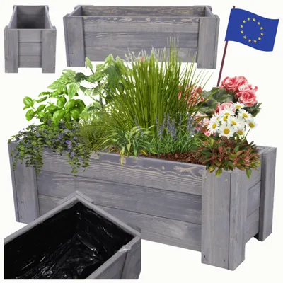 Produktbild von MODO24 Pflanzkübel Holz, Pflanzkasten, Blumenkasten, Kiefer, Schutzfolie, Wetterfest, Balkon, Garten, 30x60x33 cm, Grau, RDZP