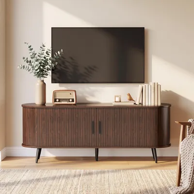 Zdjęcie produktu dla RTV-szafka BEALIFE, 145x40x55 cm, z 2 drzwiczkami rolowymi | Komoda pod telewizor do salonu | Brązowa | AT23